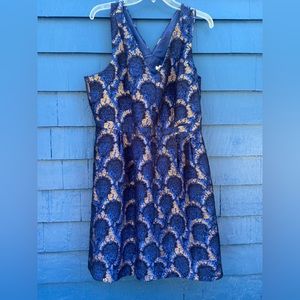 Blue gold black J crew party dress. Size 16 sleeveless luxury.